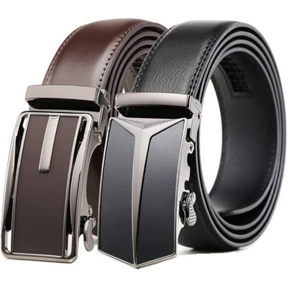 Mens Leather Ratchet Belt Set Adjustable Dress Slide Buckle Click Fit Belts - Picture 7 of 7